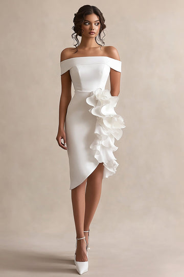 Off the Shoulder White Satin Graduation Dress with Ruffles